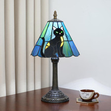 Tiffany-Style Stained Glass Accent Lamp with Bronze-Tone Crouching Cat Base — listing 2