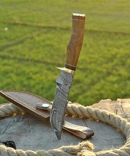 Handmade Damascus Steel Fixed Blade Knife with Zebrawood Handle and Leather Sheath — listing 5