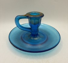Antique Blue Glass Chamberstick Candle Holder with Gilt Grapevine Decoration