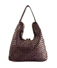 Woven Black & White Faux Leather Kiss-Lock Hobo Handbag with Rhinestone Ring Accents — listing 4