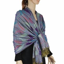Reversible Paisley Jacquard Pashmina Shawl with Fringe, Brown/Tan/Cream, listing 3