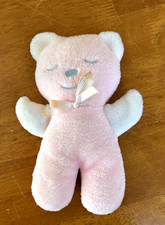Vintage Cream Plush Sleeping Teddy Bear with Pink Bow — listing 5