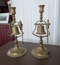 Pair of Vintage Brass Bell Candlesticks with Wide Drip Trays