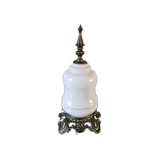 Vintage Hurricane Table Lamp with Ruffled Amber Glass Shade and Floral Milk Glass Font — listing 4