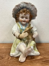 Antique Bisque Porcelain Piano Baby Figurine, Crawling Child in Nightgown with Blue Rattle — listing 3