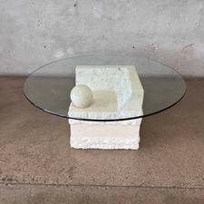 Round Tessellated Stone Rim Coffee Table with Glass Top and Wrought Iron Base — listing 5