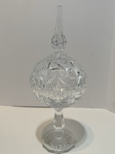 Cut Crystal Pedestal Covered Compote with Pinwheel and Fan Pattern, Tall Spire Finial