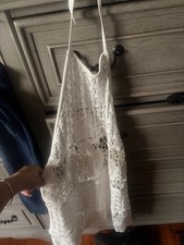 White Crochet Knit Halter Tie-Back Mini Dress / Beach Cover-Up with Ruffle Hem — listing 3