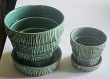 Vintage Art Deco Style Small Pottery Vase with Embossed Diamond Floral Pattern, Green Glaze