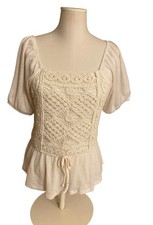 puff sleeve blouse Cream Cotton Puff Sleeve Babydoll Blouse with Lace Trim — listing 4