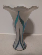 Hand-Blown Art Glass Vase with Blue & White Pulled Feather / Peacock Design and Iridescent Gold Interior — listing 6