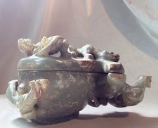 Chinese Carved Green Serpentine 'Jade' Covered Lidded Vase with Archaistic Taotie Motif and Wood Stand — listing 3