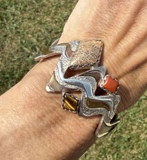 1980s Southwestern Handcrafted Sterling Silver & Copper Inlay Drop Earrings - Buffalo and Hunter on Horseback Petroglyph Motif