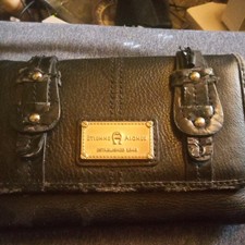 Etienne Aigner Navy Blue Leather Trifold Wallet with Croc-Embossed Trim