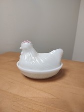 Vintage Milk Glass Hen on Nest Covered Dish with Basketweave Base — listing 4
