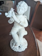 Antique Bisque Porcelain Winged Cherub Angel Figurine, Crossed Arrows Mark