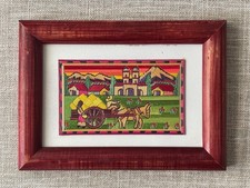 Vintage Asian Woven Straw / Rice Straw Marquetry Village Scene, Framed Under Glass — listing 4