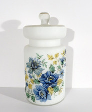 Italian Blue Satin Glass Tall Covered Apothecary Jar / Pedestal Jar with Hand-Painted Floral Decoration