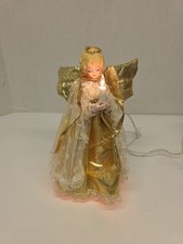 Christmas Angel Tree Topper with Porcelain Face, Real Feather Wings, Red and Gold Brocade Gown, approx 14-16 inches — listing 4