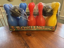 Vintage Plastic Children's Bowling Set with 10 Multicolor Pins and 2 Black Balls — listing 2
