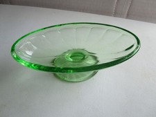 Green Depression Glass Center-Handled Sandwich/Tidbit Tray with Heart-Shaped Handle and Wheel-Cut Floral Etching — listing 5