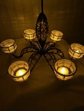 Vintage Wrought Iron & Wood Beaded Candleholder with Figural Leaf Stem