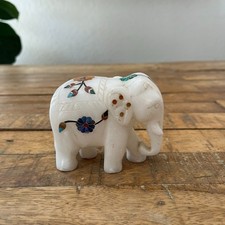 Hand-Carved Gray Marble Elephant Figurine with Raised Trunk and Bone/Resin Tusks — listing 6