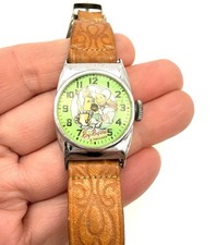 Vintage 1950s Hopalong Cassidy Character Wristwatch with Tooled Leather Cowboy Strap