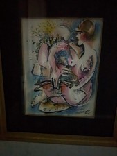 Original Signed Watercolor Painting of Kneeling Women in Church, Signed 'J. Flores'