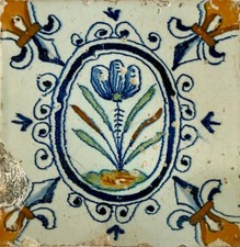 Antique Dutch Delft Polychrome Tulip Tile, Hand-Painted Tin-Glazed Earthenware, listing 2