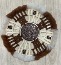 Large Vintage 1970s Macrame Mandala Wall Hanging, Rust Orange with Wooden Beads, 33" Diameter — listing 5