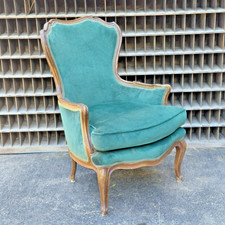 French Louis XV Style Bergère Armchair with Damask Upholstery