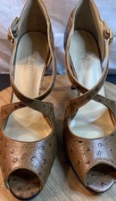Vintage Ostrich-Embossed Leather Pointed-Toe Stiletto Heel Boots, Tan/Cream — listing 2
