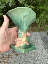 Roseville Pottery Clematis Cornucopia Vase in Blue — listing 3