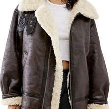 BDG Faux Leather Shearling-Lined Aviator Jacket, Brown, Size S (UK 8-10) — listing 2