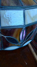 Vintage Spanish Revival Six-Panel Stained Slag Glass Pendant Lamp with Gilt Scrollwork — listing 2
