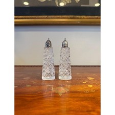 Vintage Diamond Cut Pattern Glass Salt & Pepper Shaker Set with Chrome Lids — listing 3