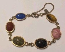 Vintage Scarab Bracelet with 8 Carved Multi-Gemstone Cabochons (Tiger's Eye, Carnelian, Green Chalcedony, Banded Agate, Unakite, Rhodonite), Gold-Filled Links — listing 5