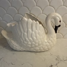Vintage Ceramic Swan Planter with Applied Roses and Gold Trim