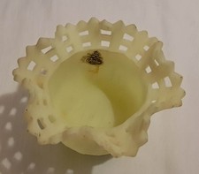Fenton Custard Satin Glass Basket with Hand-Painted Log Cabin/Trees Scene, 8 inches tall — listing 4