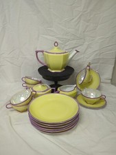 Vintage Lusterware Porcelain Tea Set - Peach & Iridescent White with Silver Trim (Teapot, Sugar Bowl, Cups & Saucers) — listing 3