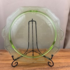 Anchor Hocking Princess Green Uranium Depression Glass 10" Handled Cake Platter