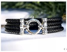 Sterling Silver 925 Multi-Strand Black Leather Cuff Bracelet with Magnetic Clasp, Israel, listing 4