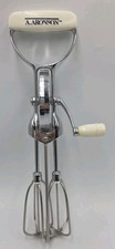 A. Aronson Stainless Steel Hand Crank Rotary Egg Beater with White Handle