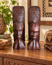 African Style Carved Wood Mask on Metal-Clad Stand, Elongated Coiffure — listing 3