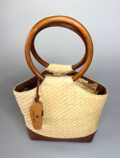 Etienne Aigner Vintage Tan Raffia & Brown Croc-Embossed Leather Shoulder Handbag