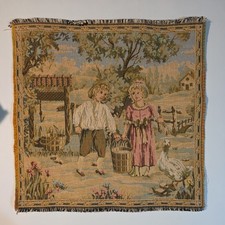 Vintage French Aubusson-Style Machine-Woven Tapestry Wall Hanging, Pastoral Courting Scene with Sheep, 19in x 55in Panel — listing 3