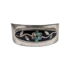 Vintage Hecho En Mexico Alpaca Silver Cuff Bracelet with Crushed Abalone Shell Inlay