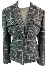 C. Wonder Navy & Green Tartan Plaid Wool Blend Blazer with Gold Buttons, Size 12