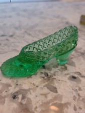 Emerald Green Pressed Glass Figural Witch/Cat Shoe with Daisy & Button Design and Pom-Pom Toe